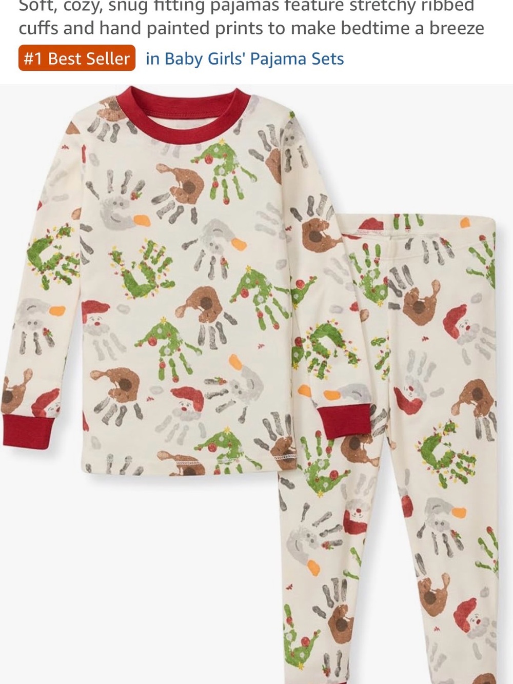 Burt's Bees Cream Holiday Handprint Pajama Set with Red Trim